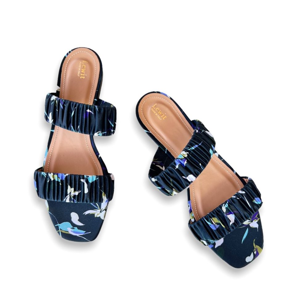 Lewit Elena Ruched Satin Flat Slide Sandal Navy Floral EU 39.5 US 9